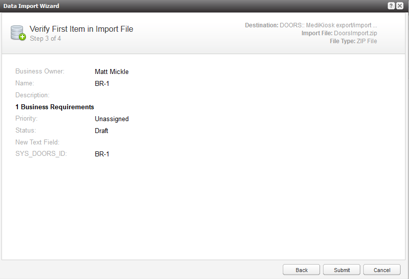 Data Import Wizard, Step 3 of 4: Verify First Item in Import File.