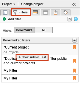 Select Filters in the left panel to display existing filters and hover over filter name to see its author.