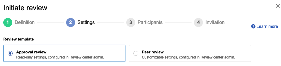 Initiate a review: Settings for review template.