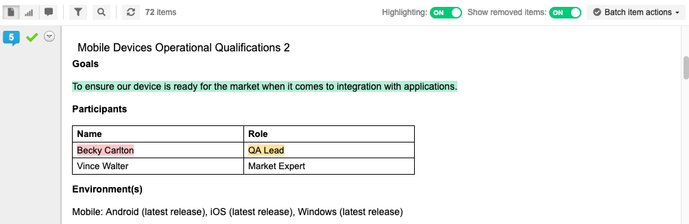 Example review comments that are open, resolved, or rejected.