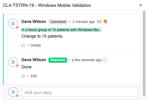 Comment is highlighted and labeled Resolved (green).