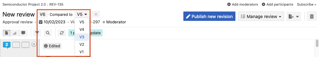 In the review, use the versions drop-down menu to select a version to compare.