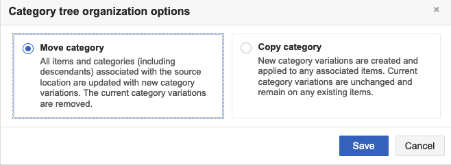 Select a category then select an action (move, copy, merge).