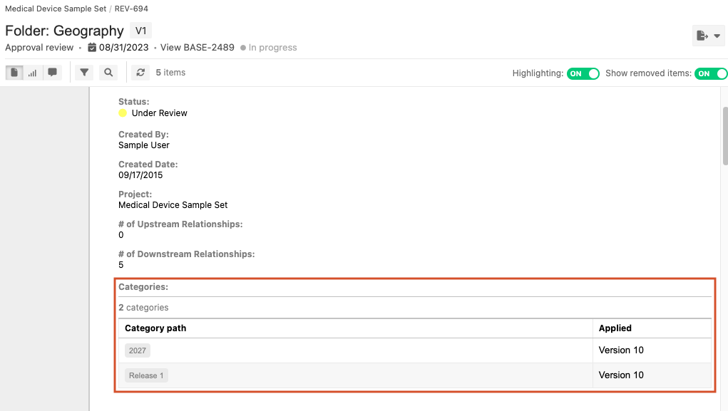 Categories table now appears in a review.