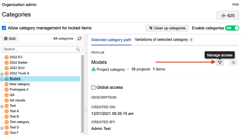 Select the Project category to update, then select Manage access.