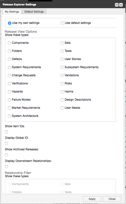 Release Explorer Settings window includes two options, Use my own settings and Use default settings, and a list of item types and item IDs.