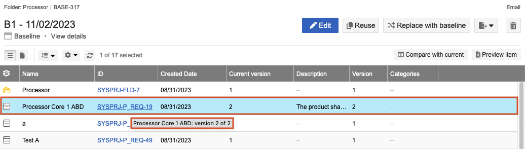 Historical view of an item in Single Item View shows previous versions in the baseline.