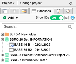 Baselines tab lists baseline sources, which are distinguished by color and icon.