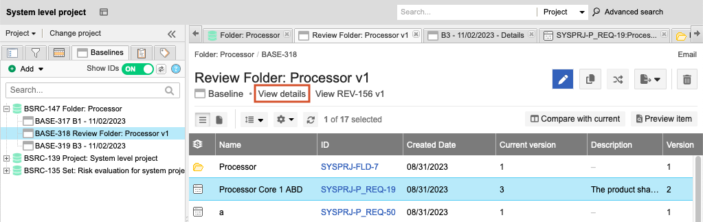 A baseline is selected in the Baselines tab, a baselined item is selected in the details pane, and the View details option is selected.