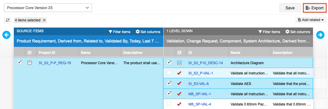 The Trace View UI shows selected items and the Export button selected.