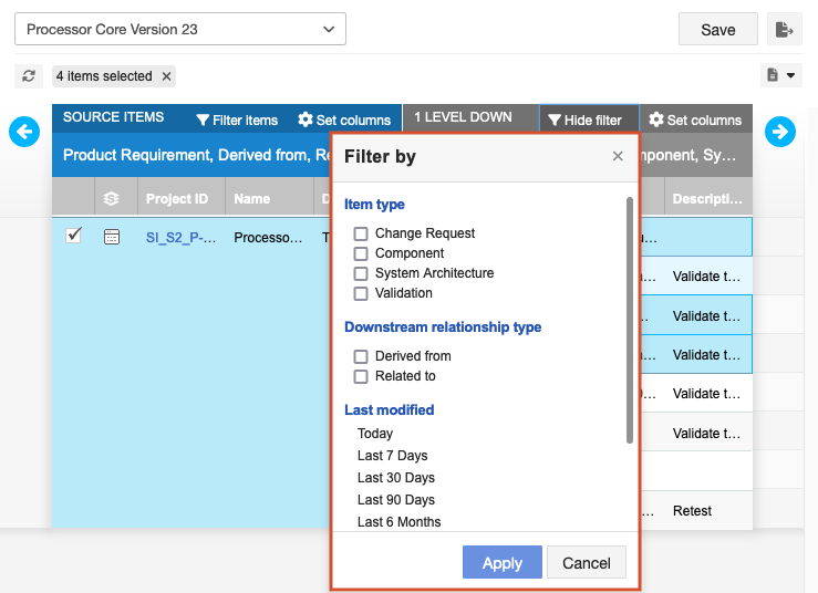 The Filter by window lists three ways to filter: by item type, by downstream relationship type, and by last modified timeframe.