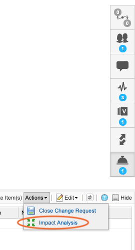 The side toolbar shows the bell widget selected and the bottom panel shows the Action menu with Impact Analysis selected.
