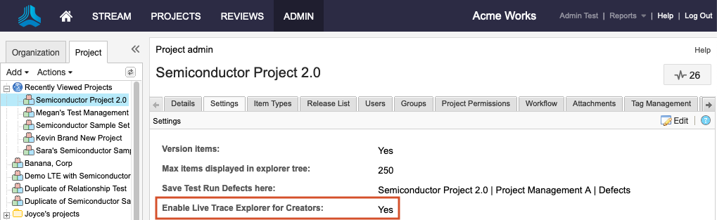 The details panel for the selected project shows that Live Trace Explorer is enabled for users with Creator licenses.