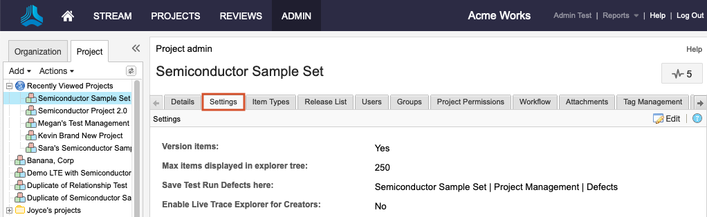 The details panel for the selected item in the project tree shows that the Settings tab selected.