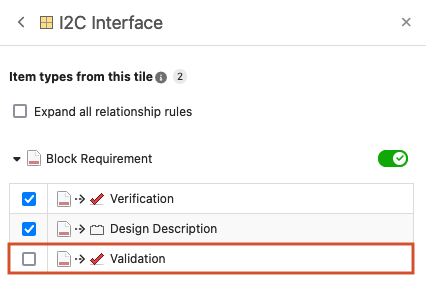 The blue checkbox is selected for two relationship rules (on) and deselected (off) for Validation.