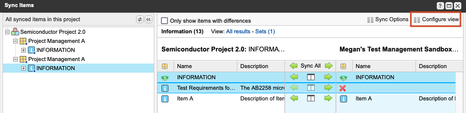 The Sync Items window shows a selected synced item and the Configure view action is highlighted.s