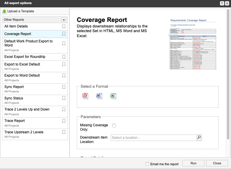 The All export options window shows Coverage Report template selected in the nav panel and its options in the details panel.