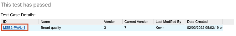 The test case ID is highlighted in the Test Case Details table.