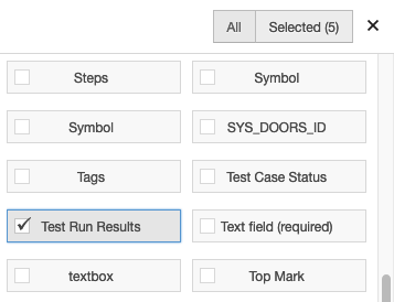 Selecting the gear icon displays possible options, with Test Run Results selected.