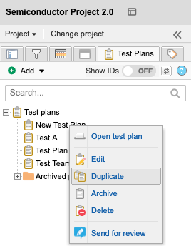 The Explorer Tree shows a selected test plan and the drop-down menu option Duplicate is selected.