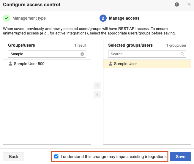 The Manage access page of the Configure access control wizard shows that the option to select before saving the configuration.