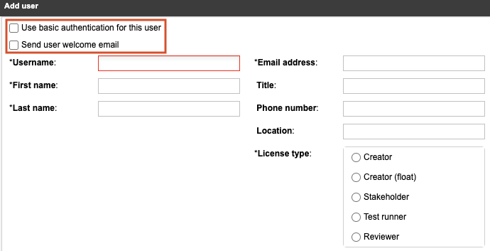 The Add user window includes options and fields to define a user. The checkboxes for two options (User basic authentication, Send welcome email) are highlighted.