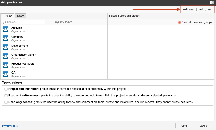 Add permissions window shows Add user and Add group buttons in the top right corner, with a selection list for groups and users, and a section with types of permissions.