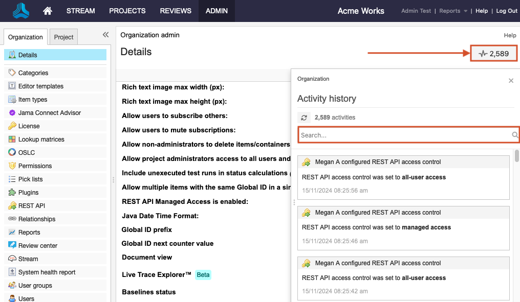 Admin Activity Stream shows that the Activity Stream button and Search field are highlighted.