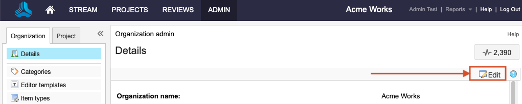 The Admin Details page shows that the Edit button is highlighted.