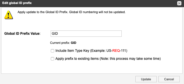 The Edit global ID prefix page includes options for defining the prefix for your global ID.