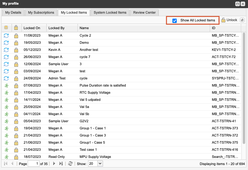 The My profile window shows that the option, Show All Locked Items, is selected.