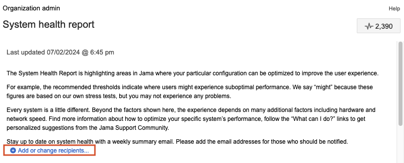 The System health report shows that the option, Add or change recipients, is highlighted.