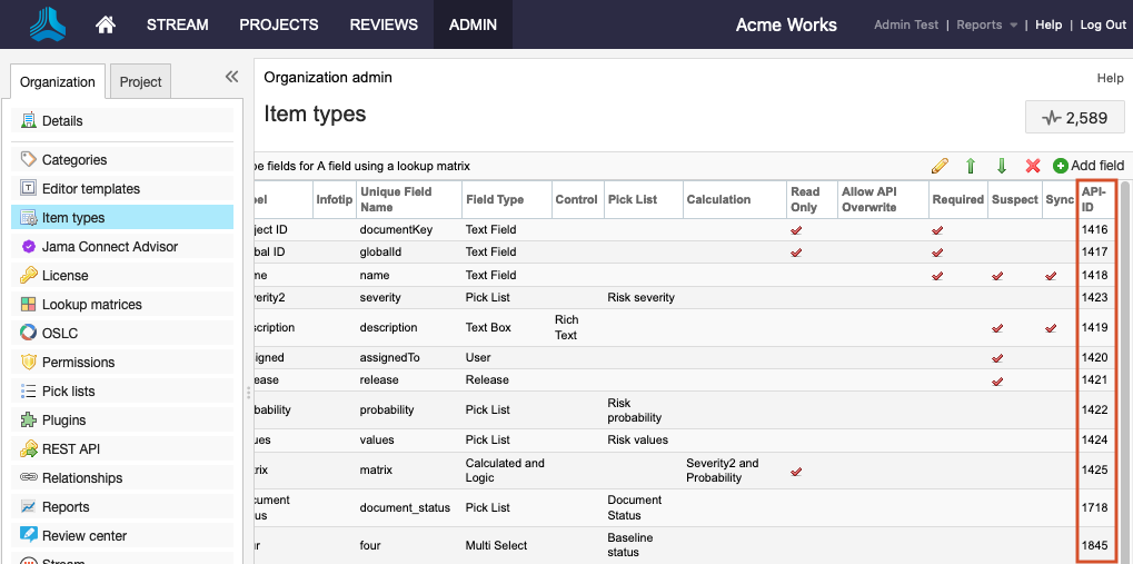 The details panel for Item types shows that the API-ID column is highlighted.