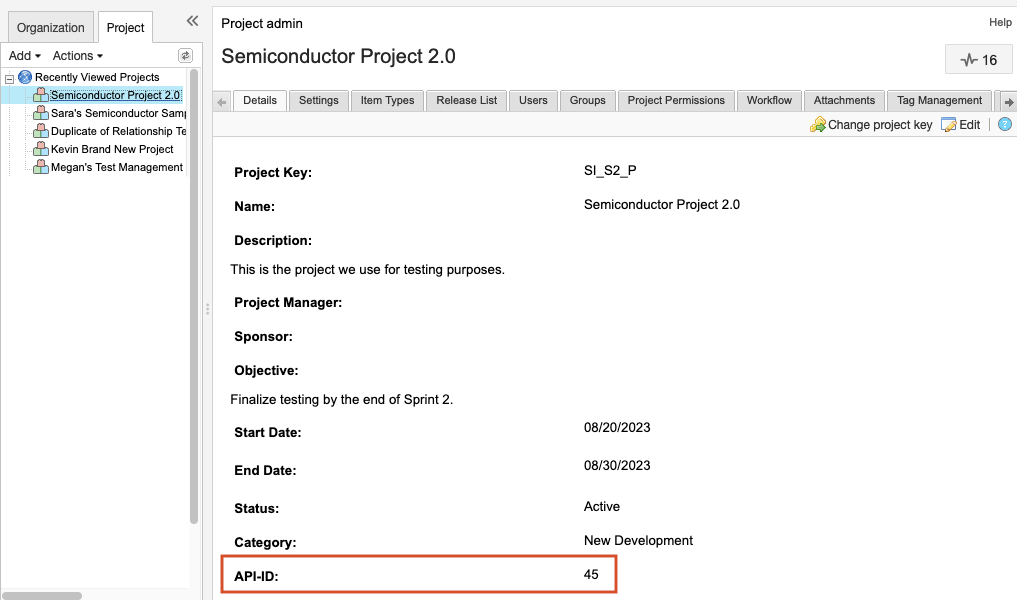 The details panel for selected project shows that the API-ID value is highlighted.