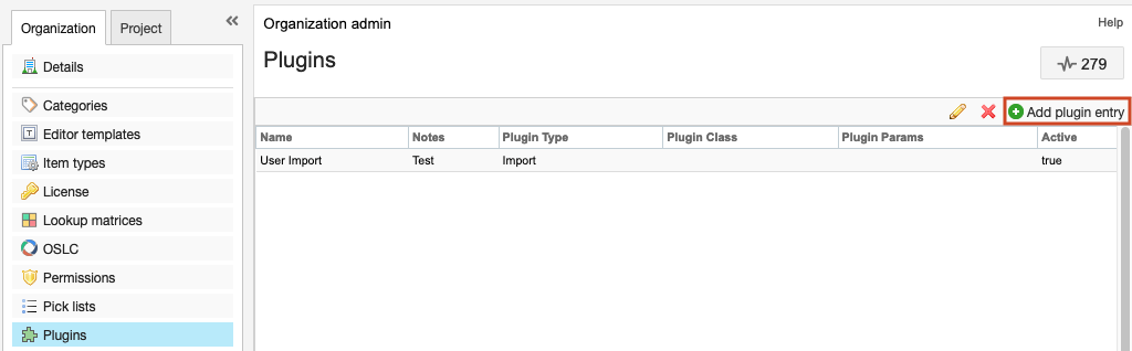 The Plugins item is selected in the Organization tab and the option, Add plugin entry, is highlighted in the Plugins details panel.