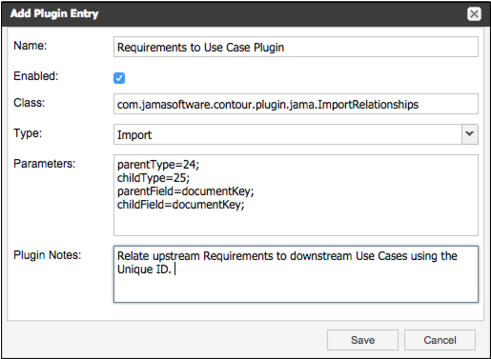 The example Add Plugin Entry window shows the options and fields to configure a single-project import.