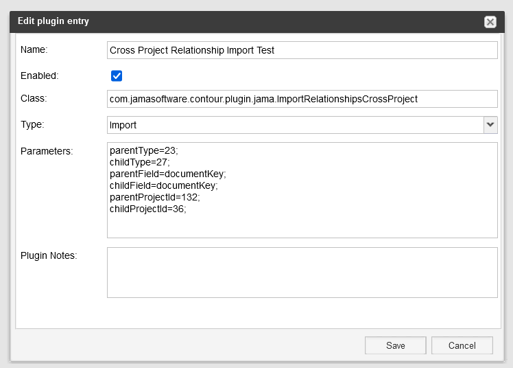 The example Add Plugin Entry window shows the options and fields to configure a cross-project import.