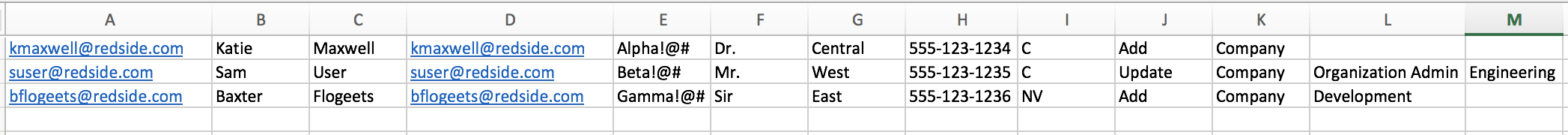 An example CSV worksheet shows the required values for adding new users.