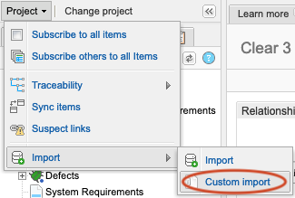 The Project drop-down list shows that the Import > Custom import option is selected.