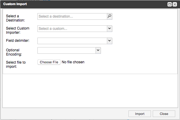 The Custom Import window includes the options and fields required to configure the import for the plugin.