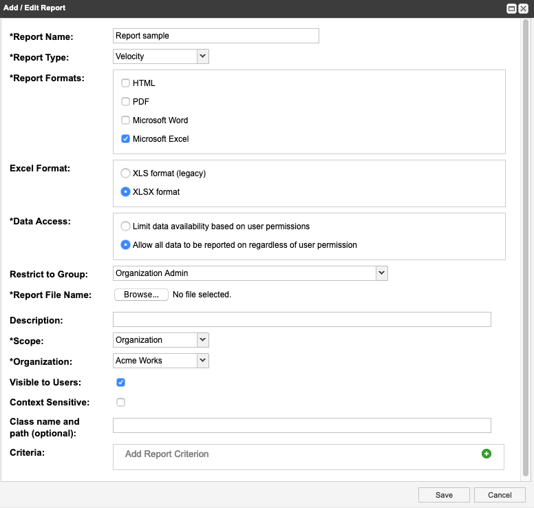 The Add/Edit Report window includes the fields and options required to define the report.