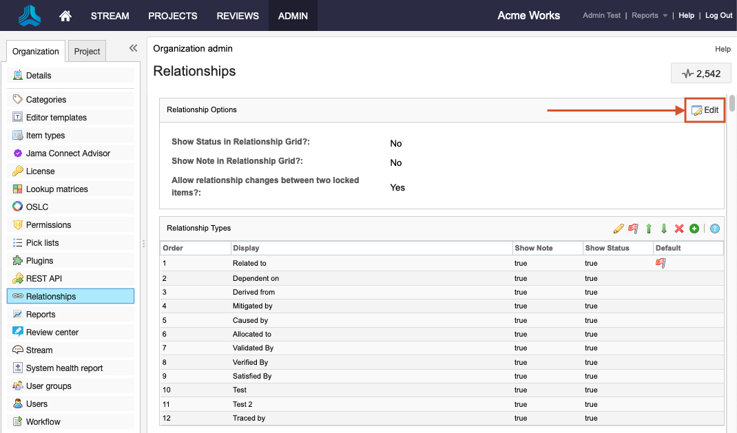 The Edit button of the Relationships details panel is highlighted.