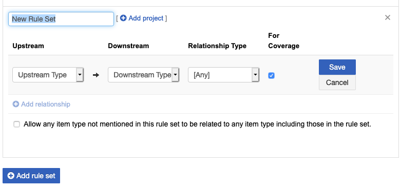 The Add rule set window includes the fields and options for defining a new rule set.