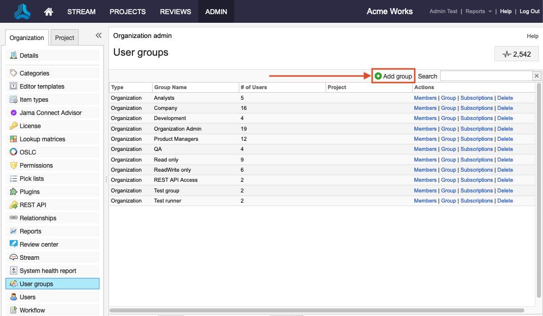 The Add group button on the User groups page is highlighted.