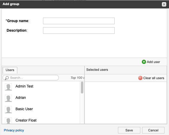 The Add group window includes options and fields to define a group.