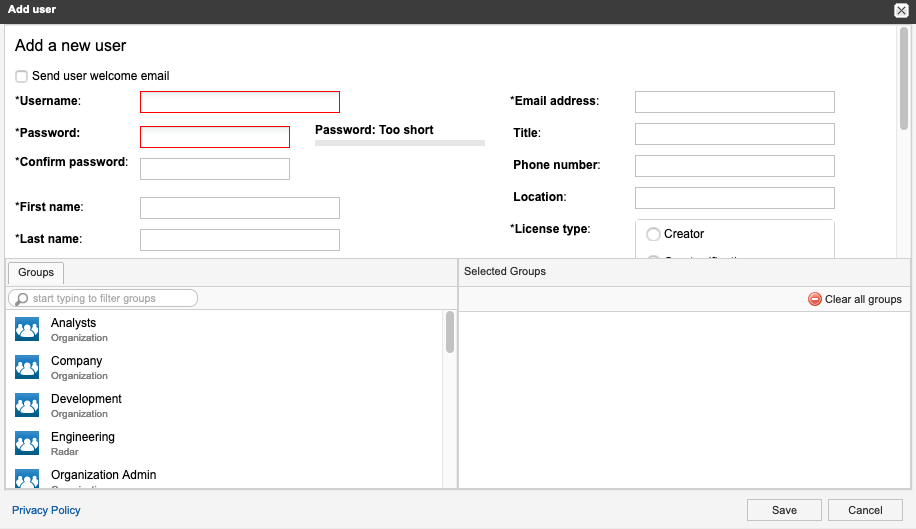 The Add user page includes the options and fields to define a user.