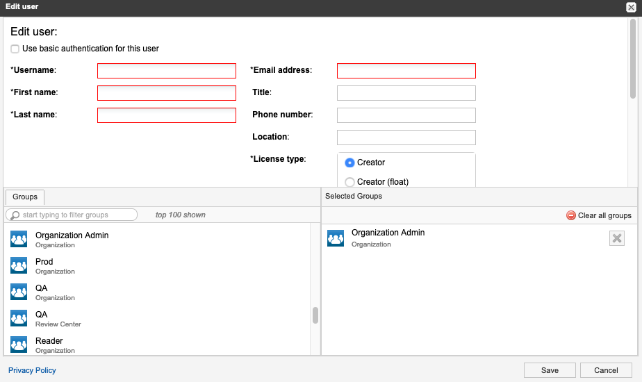 The Edit user window includes the options and fields that define a user.