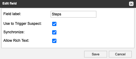 The Edit field window shows the three options are selected for the field label Steps.