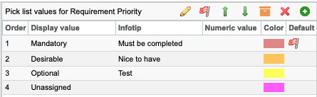 The pick list table includes the order of values for an example pick list, as well as an infotip, numeric value, color, and which value is the default.