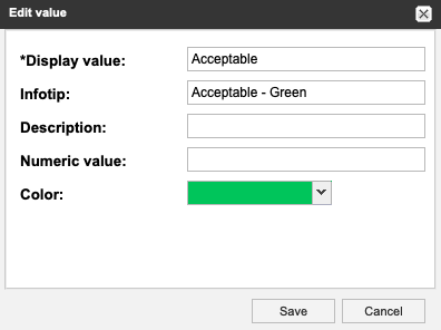 The Edit value window shows an example field values with green as the selected color.